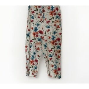 Women's Linen Blend Floral Pants Large Boho Cottagecore Summer Drawstring